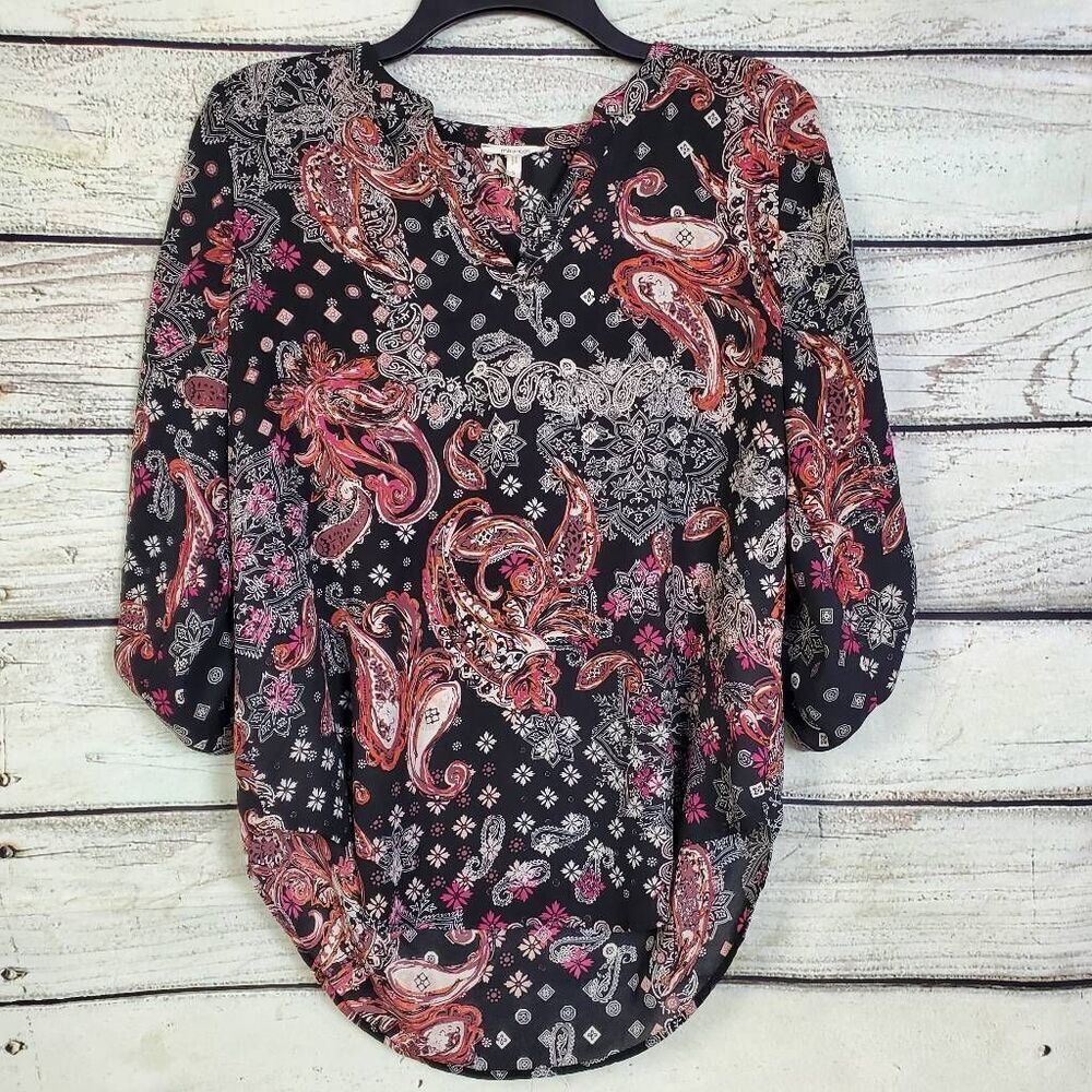 Maurices Women’s S Black Pink Paisley Floral Boho Blouse 3/4 Sleeve Tunic Top